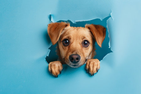 Dog looking out curiously through hole in vibrant blue backdrop. Cute pet peeking from torn paper background with copy spaceの素材