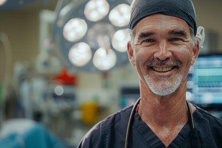 Portrait of cheerful surgeon in blue scrubs and surgical cap standing in operating room with medical equipment and operating lights in backgroundの素材