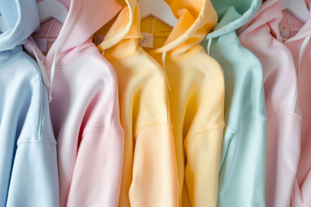 Lots of colorful hoodies hanging on clothes hangers. Bright colorful sweatshirts in wardrobeの素材