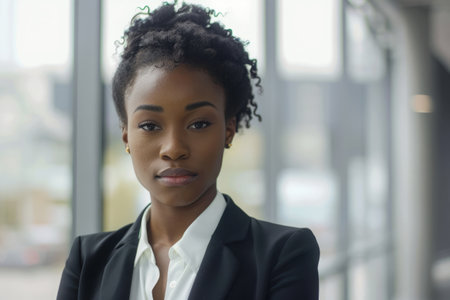 Portrait of a young African American businesswoman in a modern officeの素材
