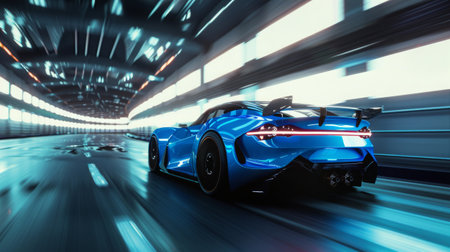 Back view of blue sports car in tunnel with motion blur effect. Futuristic sports car at night road with light effects.の素材