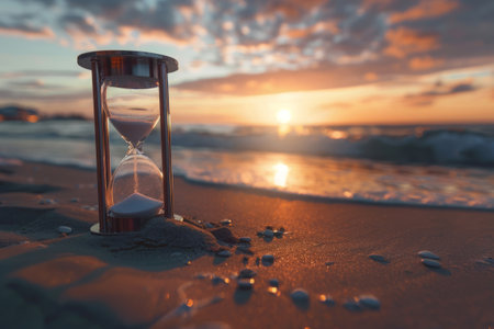 Hourglass on sand beach at sunset. Sand passing through glass bulbs. Captured passing moments and time is running out conceptの素材