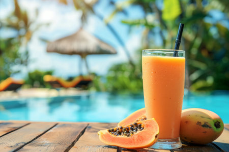 Fresh summer drink on wooden table near poolside. Tropical Papaya lassi and fresh papaya fruit in tropical resortの素材
