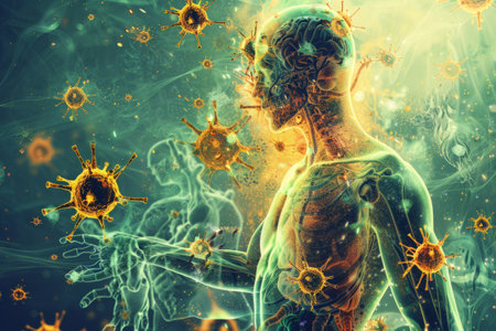 Human silhouette is surrounded by virus cells and antibodies. Immune system defending against pathogensの素材