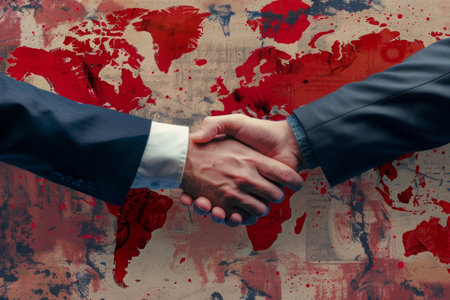 Bloody deal in global politics. Handshake of two men in business suits with red blood on hands against world map. Weapon trading agreements in businessの素材