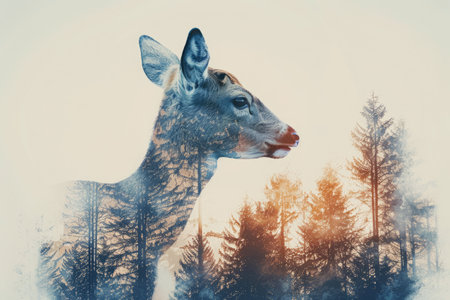 Deer silhouette featuring double exposure with forest trees. Animal in natureの素材