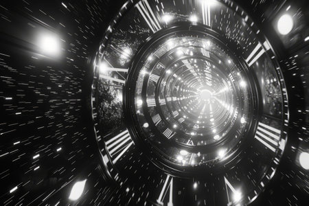 Abstract tunnel in space showcasing concept of relativity. Time-warp tunnel illustrating the impact of speed and gravity on the passage of timeの素材