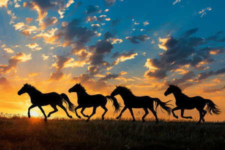 Horses silhouettes galloping across field at sunset. Herd of wild horsesの素材