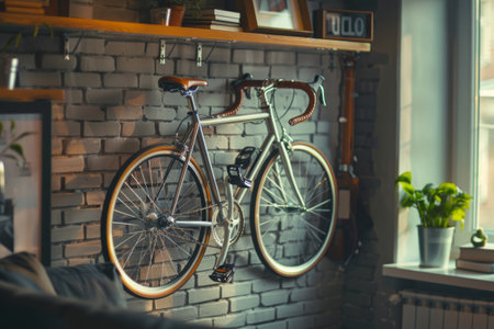 Sport bike hanging on wall in apartment. Functional living space. Stylish room interiorの素材