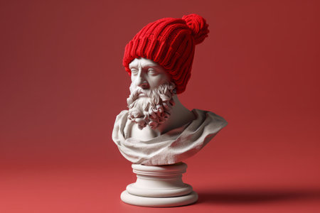 Antique plaster statue of man wearing knitted hipster hat. Creative aesthetic contemporary art collage.の素材