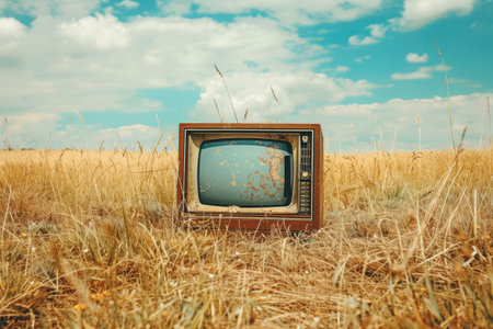 Retro Tv set in the field. Concept of propaganda and fake news in mass mediaの素材