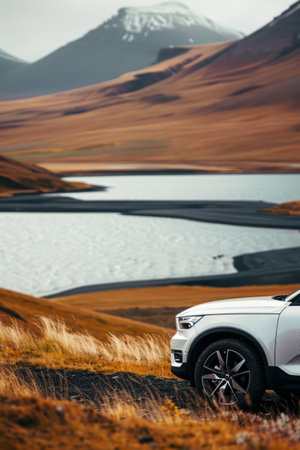 Cropped shot of modern car driving on countryside road with mountain ranges in background. Vehicle in natural landscapeの素材