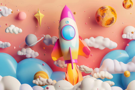 Colorful cartoon rocket flying among the planets. Space background for childrenの素材