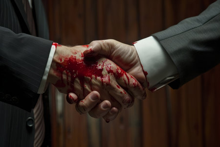 Bloody deal in global politics. Two men in business suits shake hands with red blood on hands. Weapon trading agreements in businessの素材