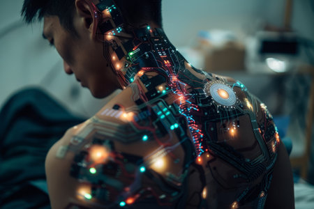 Man with chip installed in his body. Bioengineering technology. Neural connection person to computerの素材