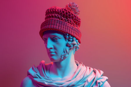 Antique plaster statue of man wearing knitted hipster hat on neon colored background. Creative aesthetic contemporary art collage.の素材