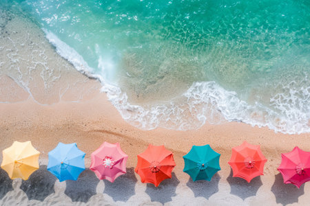 Colorful sun umbrellas on sandy beach with clear blue sea. Beach holidays in summerの素材