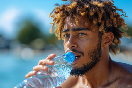 Man holding water bottle against clear blue sky. Quenching thirst in summer heatの素材