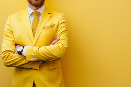Cropped shot of man in yellow business suit against yellow backdrop, banner with copy space. Stylish businessman posing against bright wallの素材