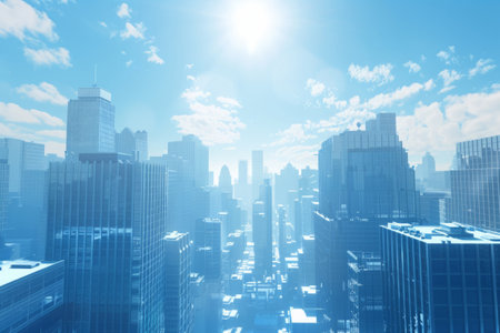 Aerial view of cityscape with high rise buildings under blue sky. Modern city downtown panoramaの素材