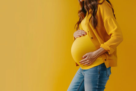 Pregnant woman in yellow dress against yellow background. Expectant mother carefully holds her tummy with handsの素材