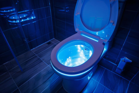 Futuristic toilet in contemporary bathroom. Modern automatic toilet bowlの素材
