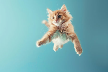 Tabby cat jumping against bright blue backdrop. Funny kittenの素材