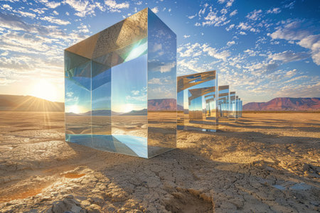 Desert mirror installation reflecting sky at sunset. Large mirrors in natural landscape, tunnel to fantasy worldの素材