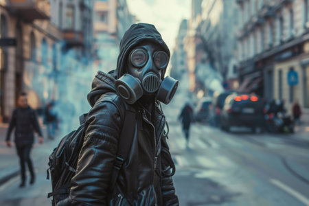 Man in gas mask walks along smoky street with many cars. Living in city with polluted air. Problem of environmental pollutionの素材