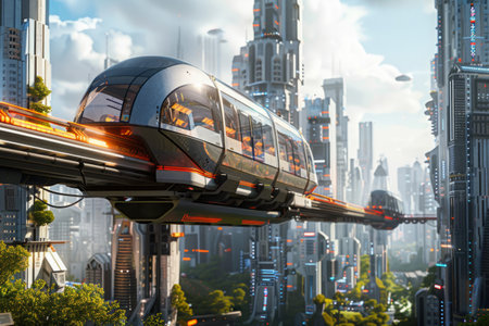 Modern train rushes along overpass with high rise buildings in background. Futuristic public transport.の素材