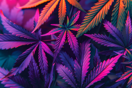 Vibrant cannabis leaves in neon light. Purple colored marijuana backgroundの素材