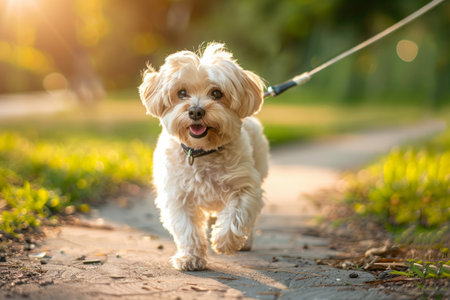 Small dog with collar and leash walking in park at morningの素材