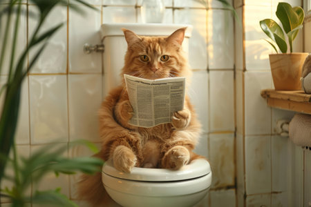 Cat is comfortably seated on toilet in bathroom and reading newspaper. Morning routineの素材