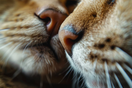 Two cats next to each other gently touch their noses. Kitten couple in loveの素材