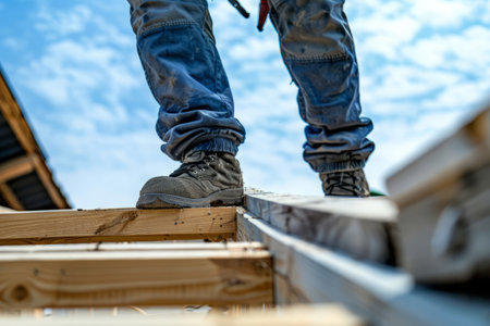 Workman in sturdy boots treads on unfinished roof with wooden beams. Protective shoes on construction siteの素材