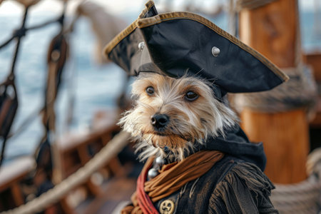 Dog dressed in pirate clothes and captain hat on ship. Sea Robberの素材