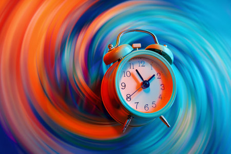 Alarm Clock With Swirling Background, Concept of Time Management, Abstract Time Warp,の素材