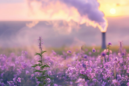 Factory pipes smoking into air standing in the middle of meadow with blooming flowers. Polluting the air and environment during development of heavy industryの素材