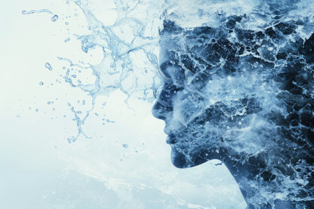 Water splashes in shape of woman head silhouette. Female portrait made of water waves with double exposure effect. People and nature conceptの素材