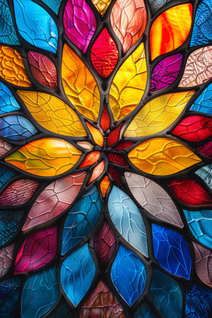Mandala pattern formed by pieces of stained glass showcases a kaleidoscope of colors. Colorful window patternの素材