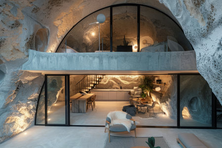 Modern living room inside underground home. Apartment interior in cave with stone walls. Unique architectural design in natureの素材