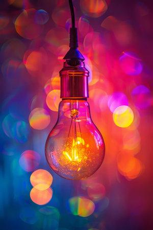 Light bulb glows brightly against dark background. Colorful lamp, close upの素材