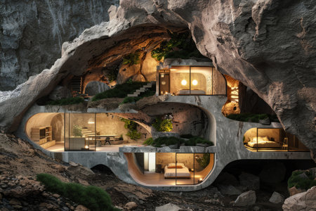 Modern living room inside underground home. Apartment interior in cave with stone walls. Unique architectural design in natureの素材