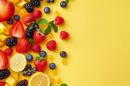 Variety of colorful berries and fruits on bright yellow backgroundの素材