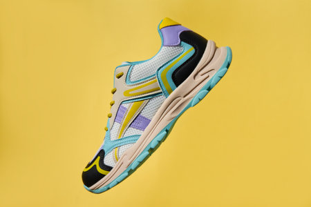 Single colorful sport sneaker isolated on yellow background. Stylish fashionable sport shoeの写真素材