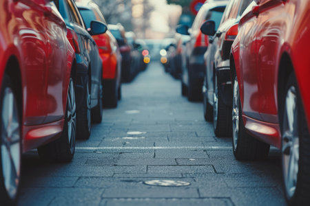 Row of parked cars along city streetの素材