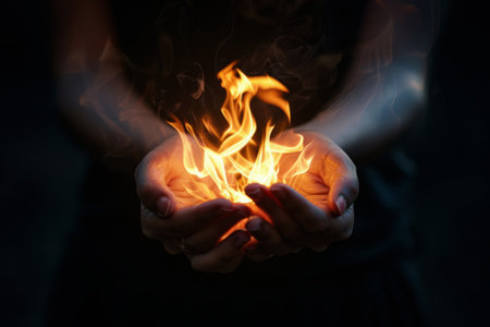 Close-up of hands holding fiery flames with glowing sparks against dark backgroundの素材