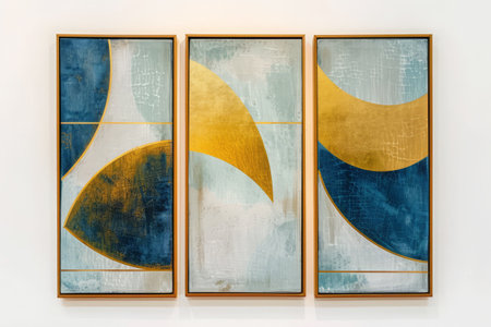 Modern abstract triptych painting with dynamic brushstrokes and bold colors on white background. Three vertical wooden frames with modern contemporary. Pictures on wall with abstract compositionの素材