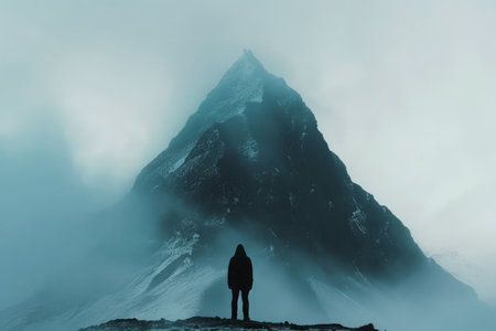 Man silhouette standing in front of mist-shrouded mountain peak in the fog. Back view of solitary traveler in natureの素材