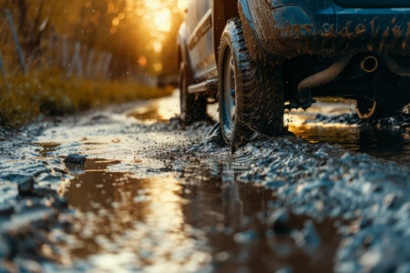 Car driving on wet road with puddles during a rainstorm. and splash, Close-up of car wheels in mud. Car at off-road in natureの素材